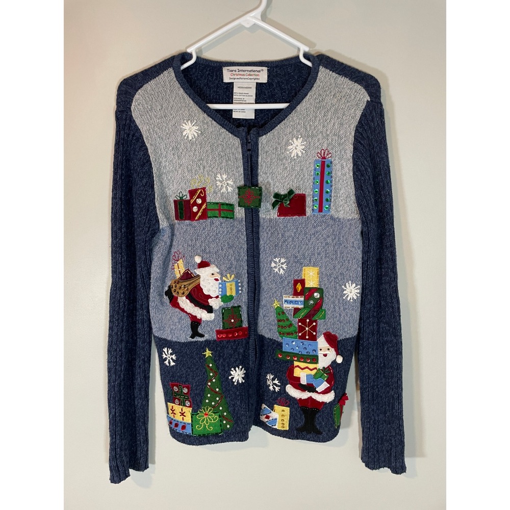 Tiara International Santa Christmas Cardigan Sweater Blue Zip M Embroidered